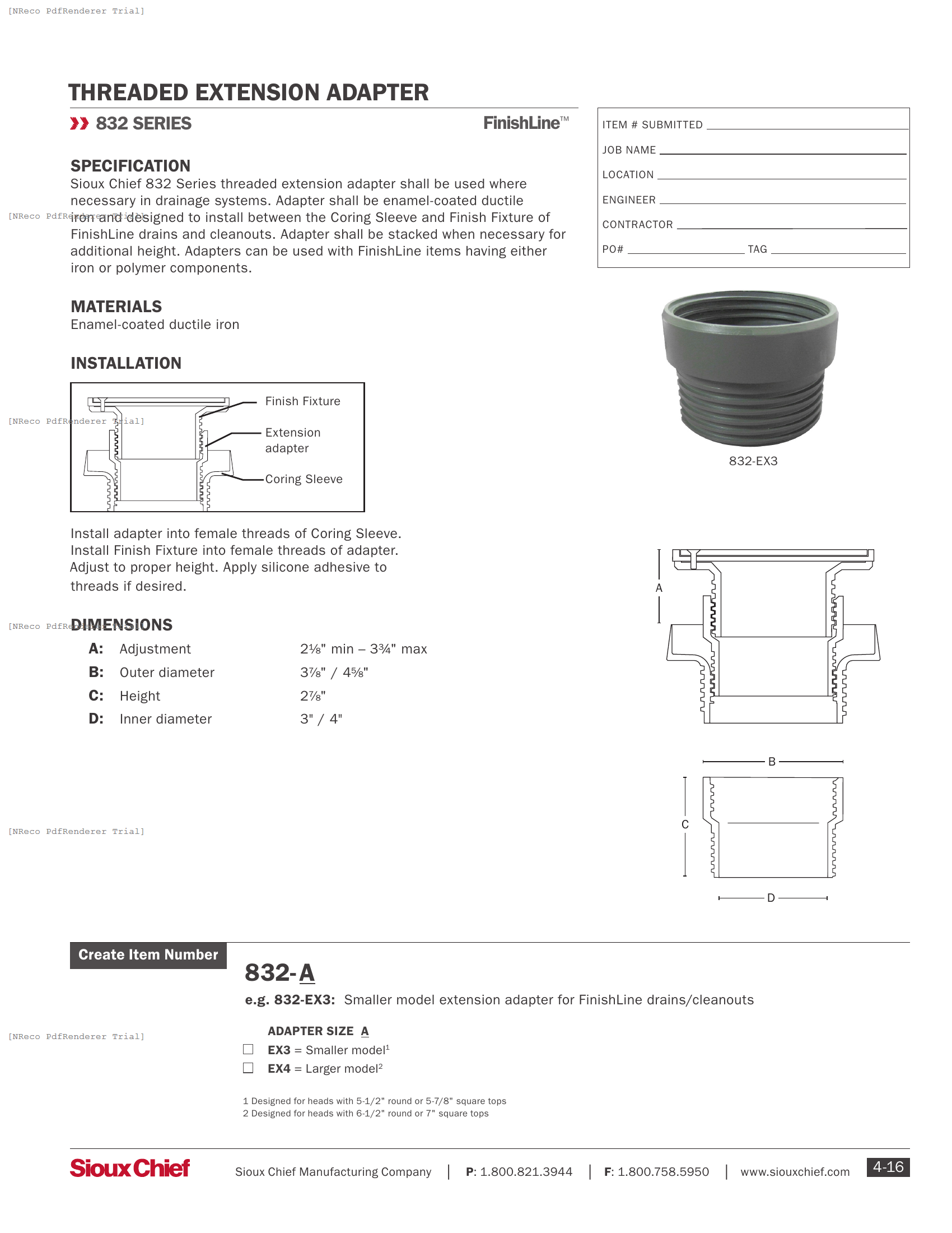 832-EX SERIES - EXTENSION ADAPTER - SPEC SHEET.PDF Specification Document
